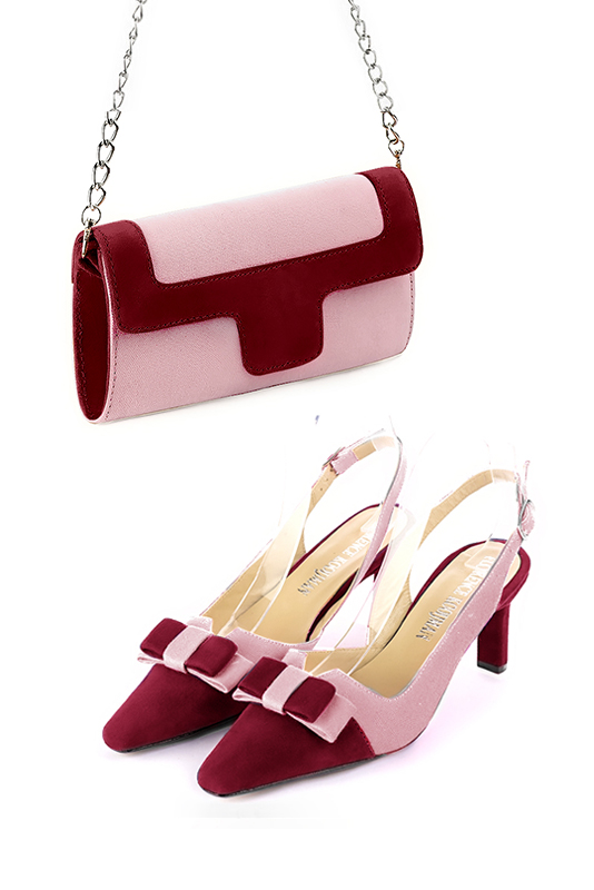 Carnation pink and burgundy red women's dress clutch, for weddings, ceremonies, cocktails and parties. Worn view - Florence KOOIJMAN